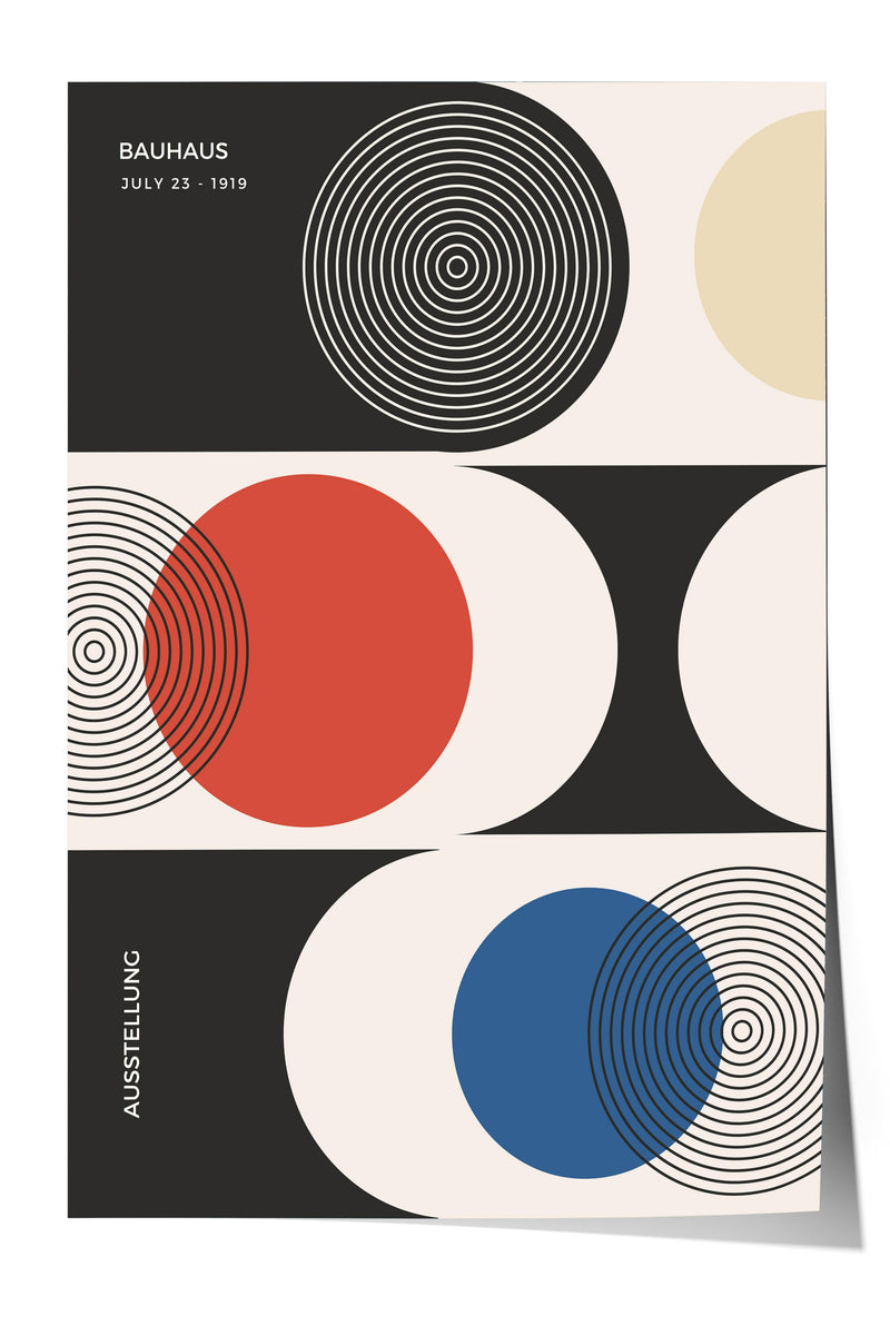 The image is a poster for the Bauhaus exhibition held from July 23, 1919. It features abstract geometric shapes and patterns in black, white, red, and blue.