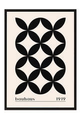 The image is a framed poster featuring a geometric design composed of black circles arranged in a repeating pattern.