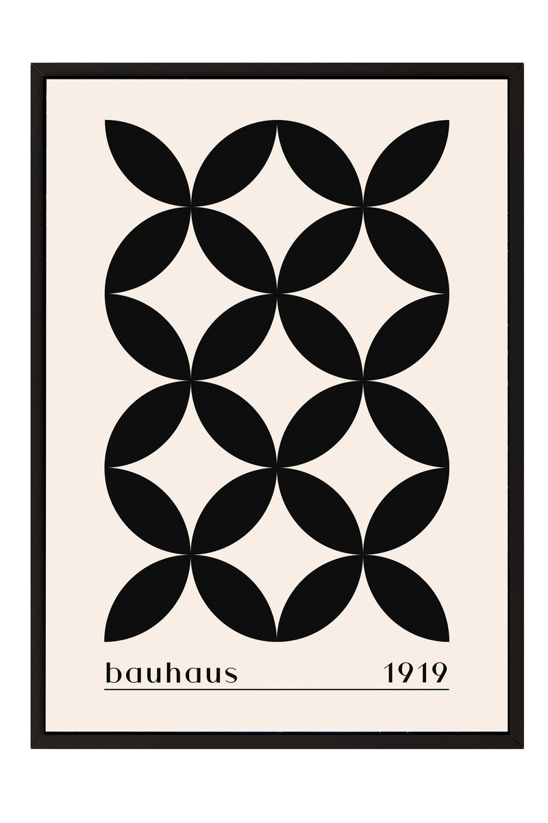 The image is a framed poster featuring a geometric design composed of black circles arranged in a repeating pattern.