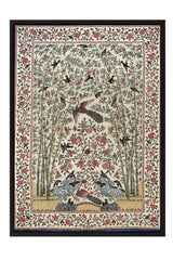 The image is a framed textile or painting featuring a detailed scene with birds, trees, and flowers.