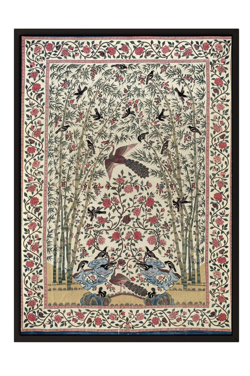 The image is a framed textile or painting featuring a detailed scene with birds, trees, and flowers.