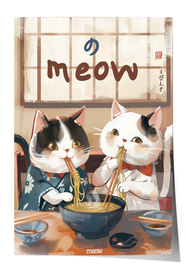 Two cats wearing traditional Japanese clothing are sitting at a table, eating noodles from a bowl.