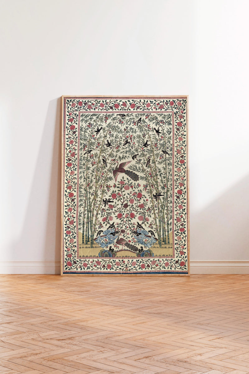 a large, ornate tapestry hanging on a wall in a room with a wooden floor.