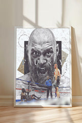 The image is a framed poster featuring a close-up of a man's face with a beard, surrounded by various boxing-related elements such as a referee, a boxer, and a referee's hand.