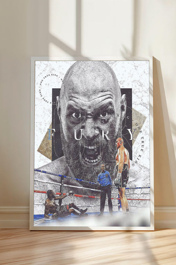 The image is a framed poster featuring a close-up of a man's face with a beard, surrounded by various boxing-related elements such as a referee, a boxer, and a referee's hand.