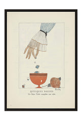 The image is a framed illustration depicting a hand reaching into a bowl, with various objects floating around it, including a small orange bowl and a large orange bowl.