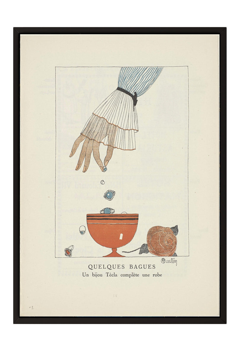 The image is a framed illustration depicting a hand reaching into a bowl, with various objects floating around it, including a small orange bowl and a large orange bowl.
