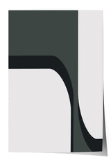 The image is a minimalist design featuring a combination of black and white shapes, including curved lines and rectangles, creating a visually striking abstract composition.