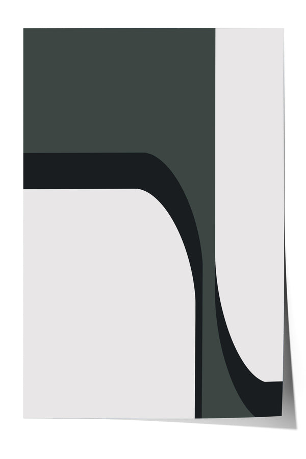 The image is a minimalist design featuring a combination of black and white shapes, including curved lines and rectangles, creating a visually striking abstract composition.