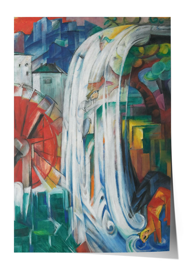 The image is a vibrant, abstract painting featuring a waterfall cascading down a cityscape. The painting is filled with a variety of colors, shapes, and textures, creating a dynamic and visually striking composition.