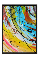 The image is a vibrant abstract painting with bold colors and dynamic brushstrokes. The painting features splashes of yellow, red, blue, and black, creating a sense of energy and movement. The artist has used a variety of techniques and styles to create this visually striking and captivating piece of art.