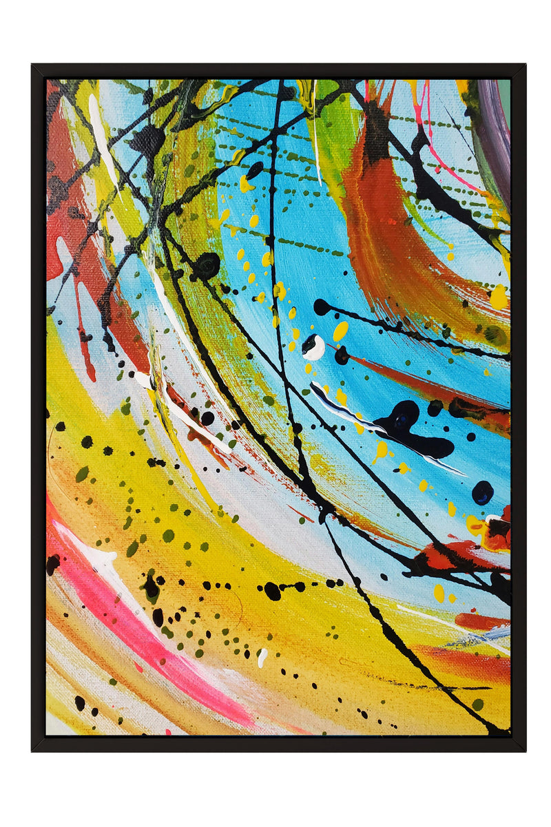The image is a vibrant abstract painting with bold colors and dynamic brushstrokes. The painting features splashes of yellow, red, blue, and black, creating a sense of energy and movement. The artist has used a variety of techniques and styles to create this visually striking and captivating piece of art.