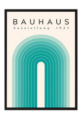 The image is a poster featuring the text "BAHAUX" and "AUSTELLLUNG 1923" along with a geometric design of a curved line in shades of blue and green.