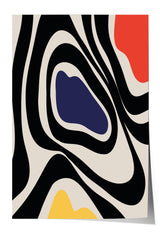 The image is a square with abstract, swirling patterns in black, white, and red.