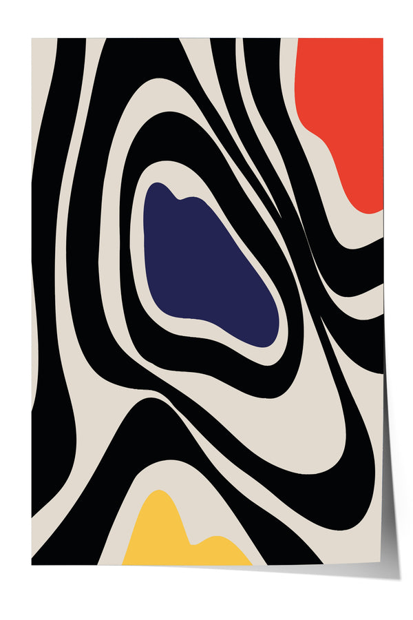 The image is a square with abstract, swirling patterns in black, white, and red.
