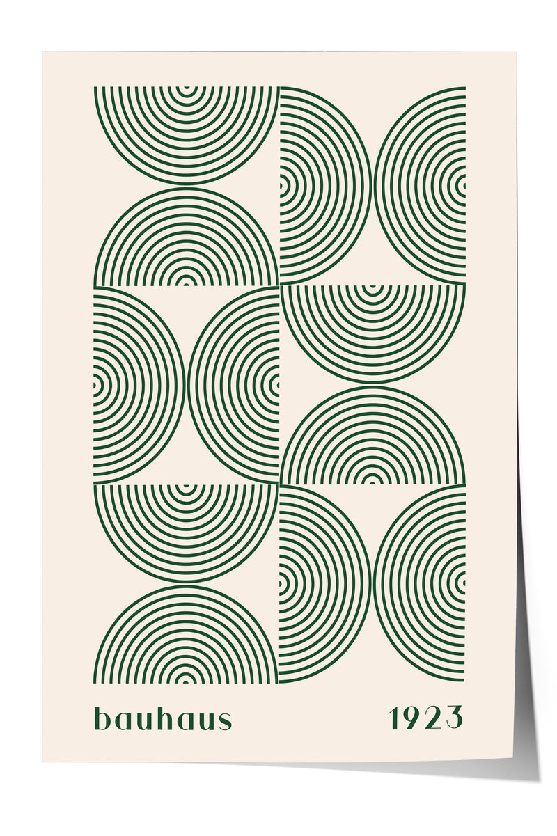 The image is a poster featuring a repeating pattern of green circles and lines, with the text "bauhaus 1923" below the design.