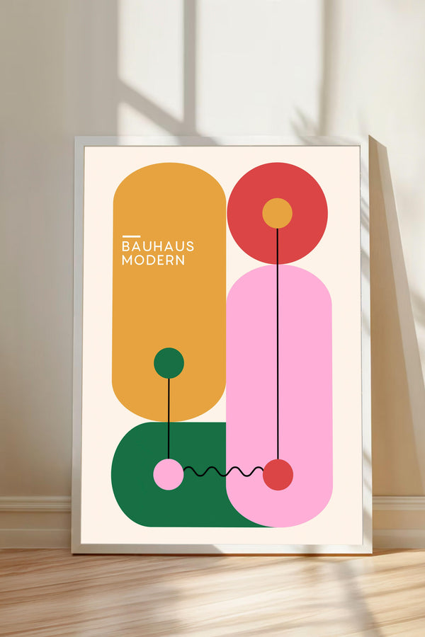 The image is a minimalist art piece featuring abstract geometric shapes in various colors, including orange, pink, green, and yellow, arranged in a modern art style.
