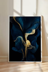 a large abstract painting with swirling, fluid shapes in shades of blue and gold.