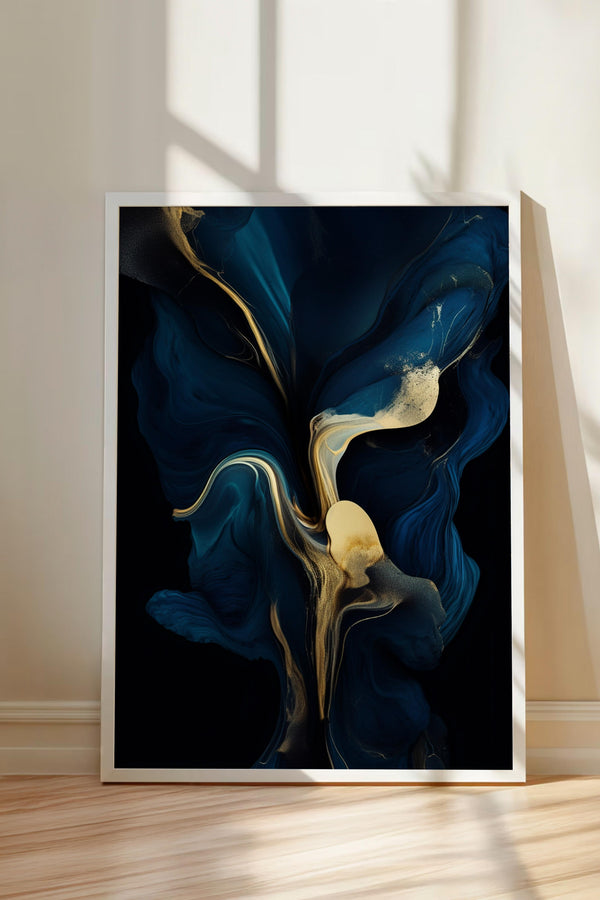 a large abstract painting with swirling, fluid shapes in shades of blue and gold.