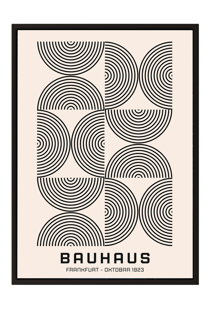 The image is a framed poster featuring a repeating pattern of circles and lines in black and white.