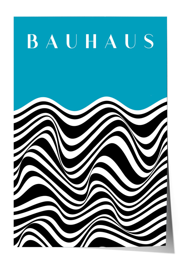 The image is a poster featuring the word "BAHAU" in white text against a teal background. The poster has a striking black and white striped pattern that creates a sense of movement and rhythm.