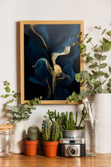 a wooden shelf with various potted plants, a framed abstract painting, and a vintage camera.
