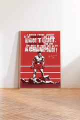 The image is a poster featuring a muscular man in boxing attire, with a motivational quote about perseverance and determination.