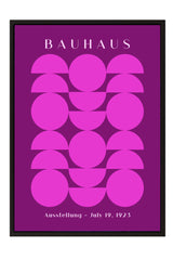 The image is a framed poster featuring a geometric design with pink circles and lines on a purple background.