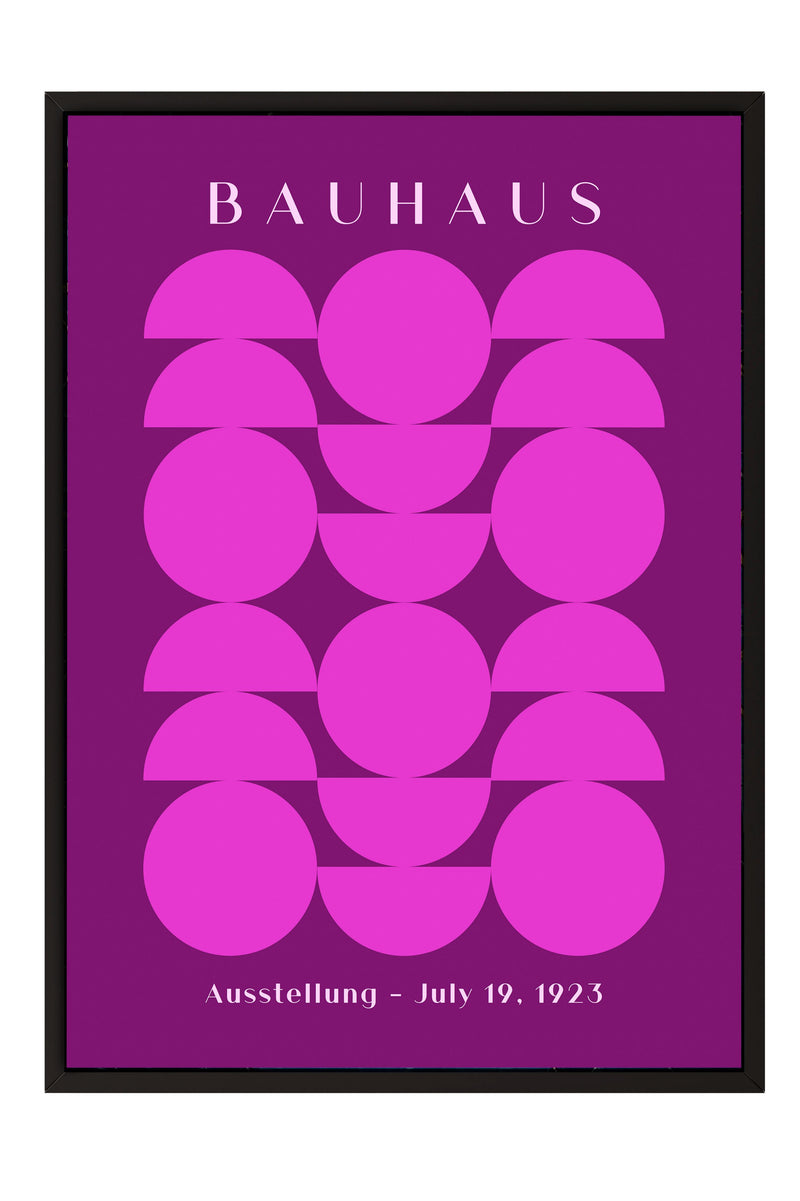 The image is a framed poster featuring a geometric design with pink circles and lines on a purple background.