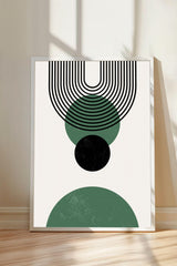 a minimalist art piece with a white background and a geometric design consisting of black and green circles and lines.