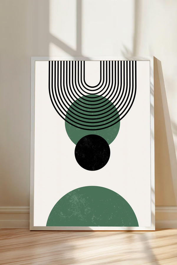 a minimalist art piece with a white background and a geometric design consisting of black and green circles and lines.
