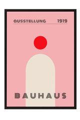 The image is a poster for the Bauhaus school in 1919, featuring a pink background with a large red circle and the text "QUESSSTELLUNG 1919 Bauhaus" in bold black letters.
