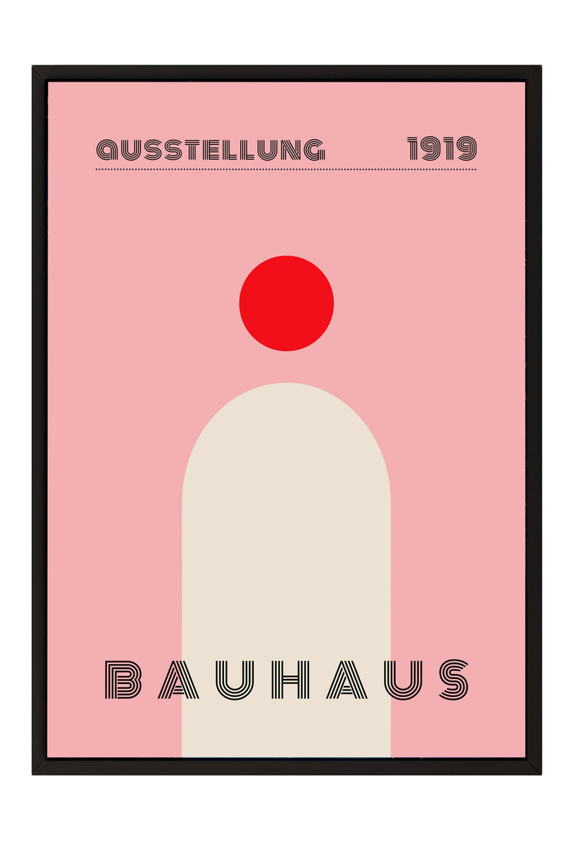 The image is a poster for the Bauhaus school in 1919, featuring a pink background with a large red circle and the text "QUESSSTELLUNG 1919 Bauhaus" in bold black letters.