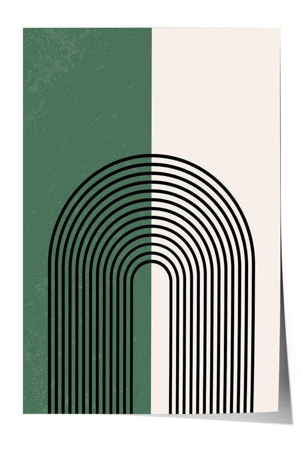 a minimalist design with a large black line forming an arch shape, set against a green and white background.
