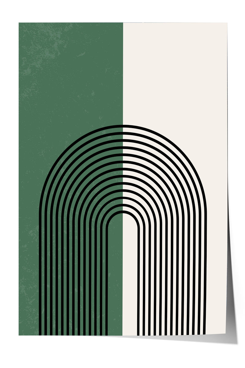 a minimalist design with a large black line forming an arch shape, set against a green and white background.